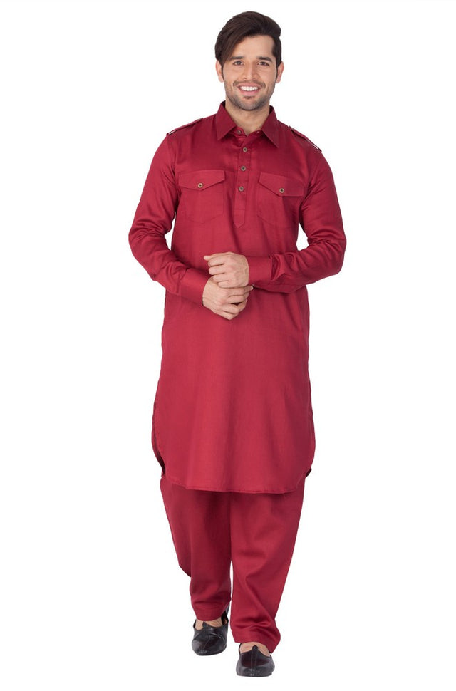 Men's Cotton Solid Pathani Suit Set in Maroon