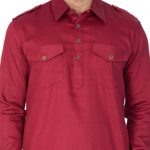 Men's Cotton Solid Pathani Suit Set in Maroon