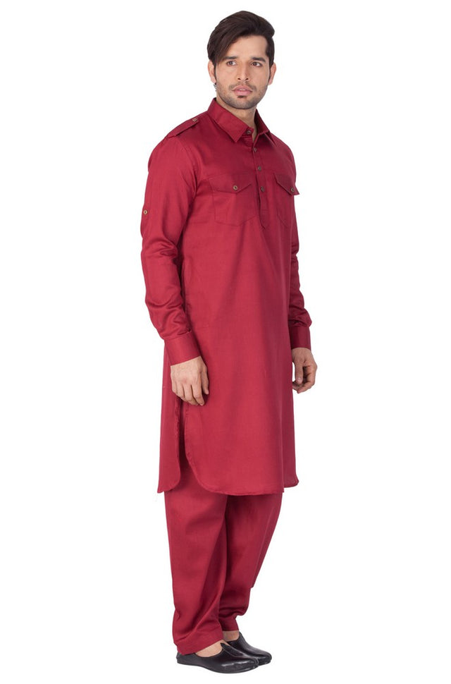 Men's Cotton Solid Pathani Suit Set in Maroon