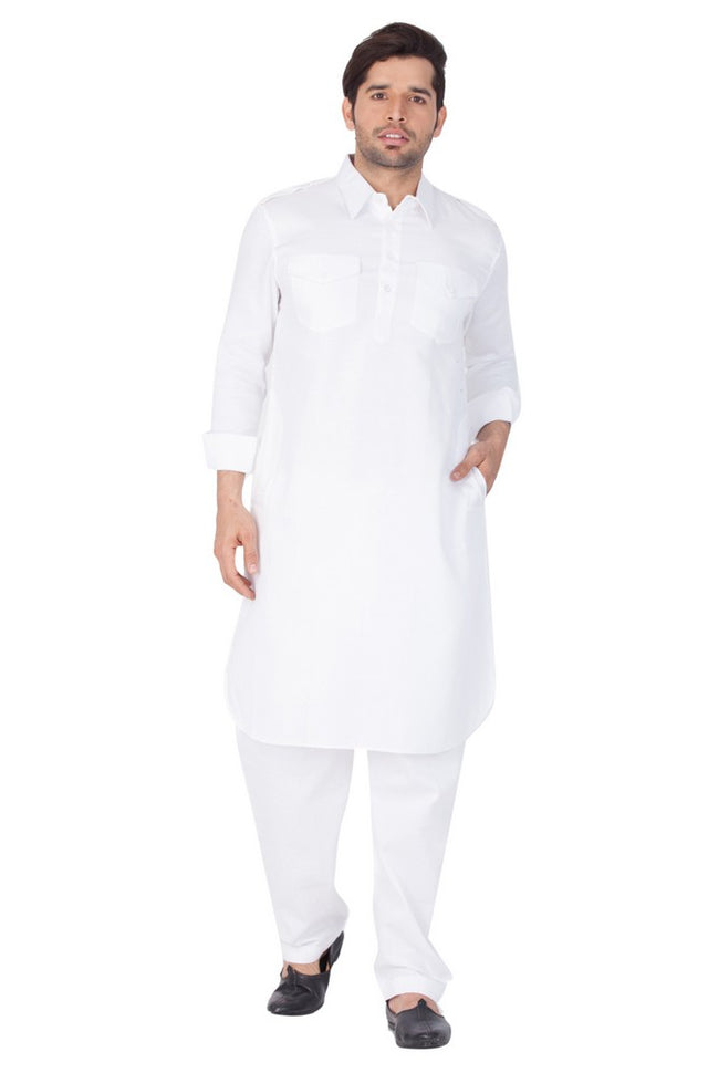 Men's Cotton Solid Pathani Suit Set in White