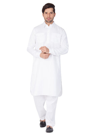 Men's Cotton Solid Pathani Suit Set in White