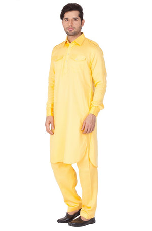 Men's Cotton Solid Pathani Suit Set in Yellow