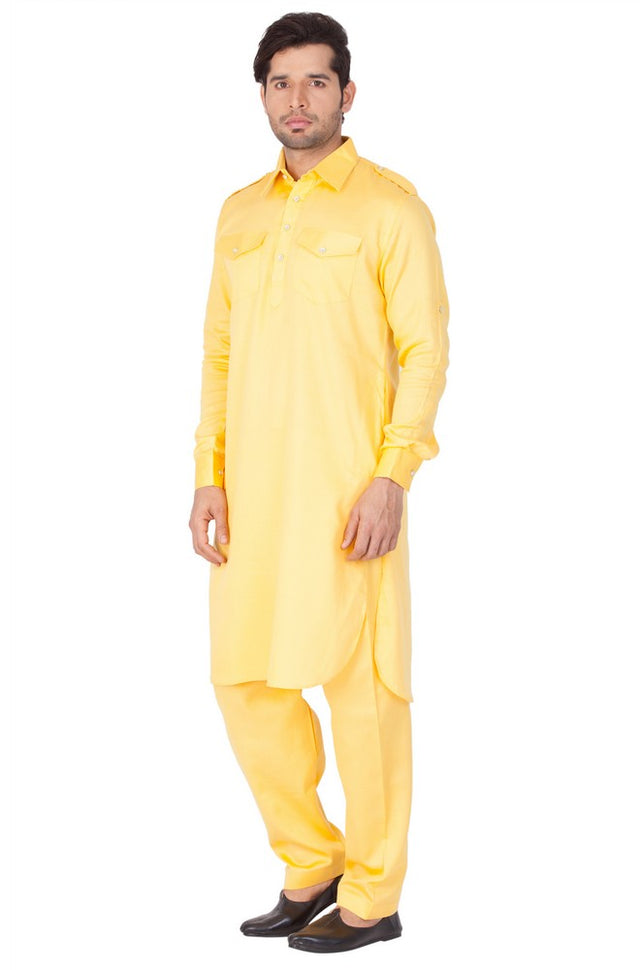Men's Cotton Solid Pathani Suit Set in Yellow