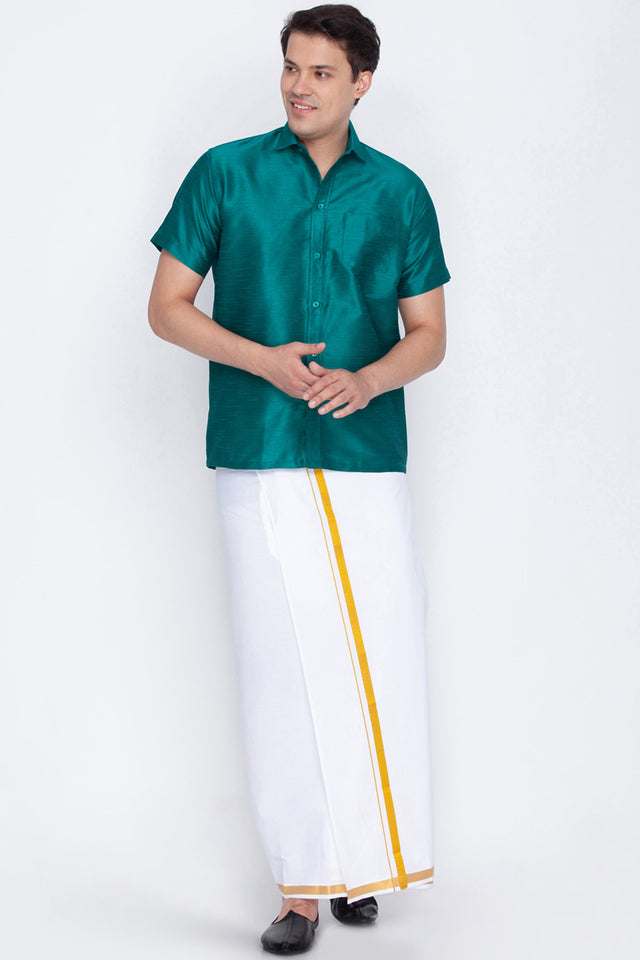 Men's Cotton Art Silk Ethnic Shirt In Green