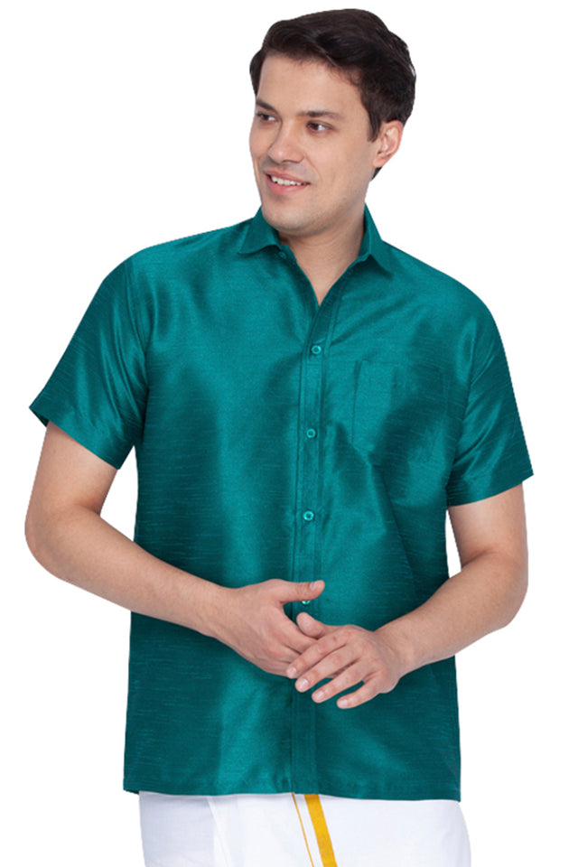 Men's Cotton Art Silk Ethnic Shirt In Green