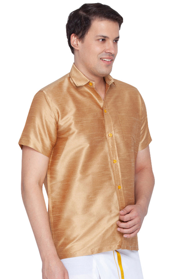 Men's Cotton Art Silk Ethnic Shirt In Gold