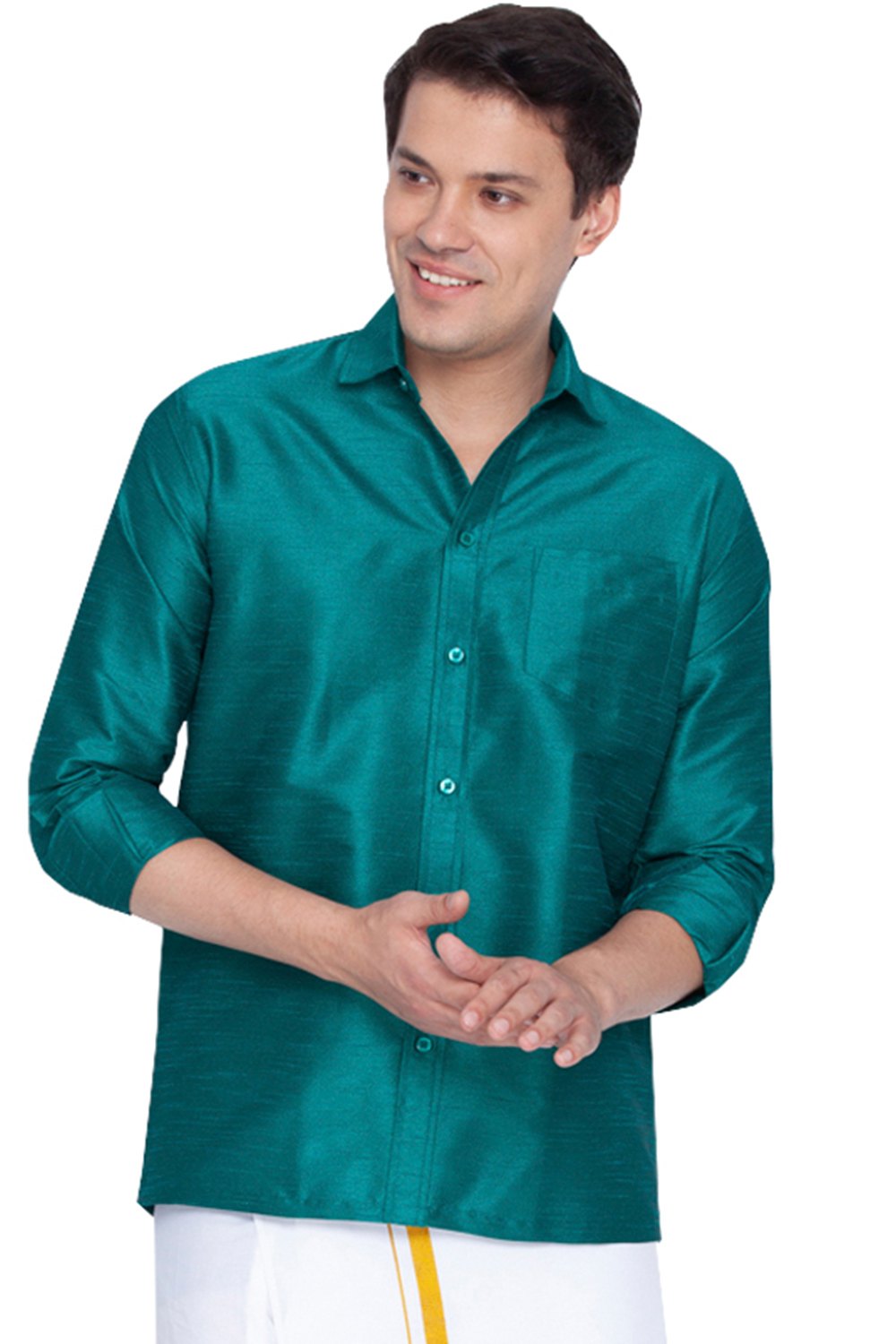 Men's Cotton Silk Blend Solid Shirt In Bottle Green (VASMSH002GN_36) Men's Cotton Silk Blend Solid Shirt In Bottle Green (VASMSH002GN_36)