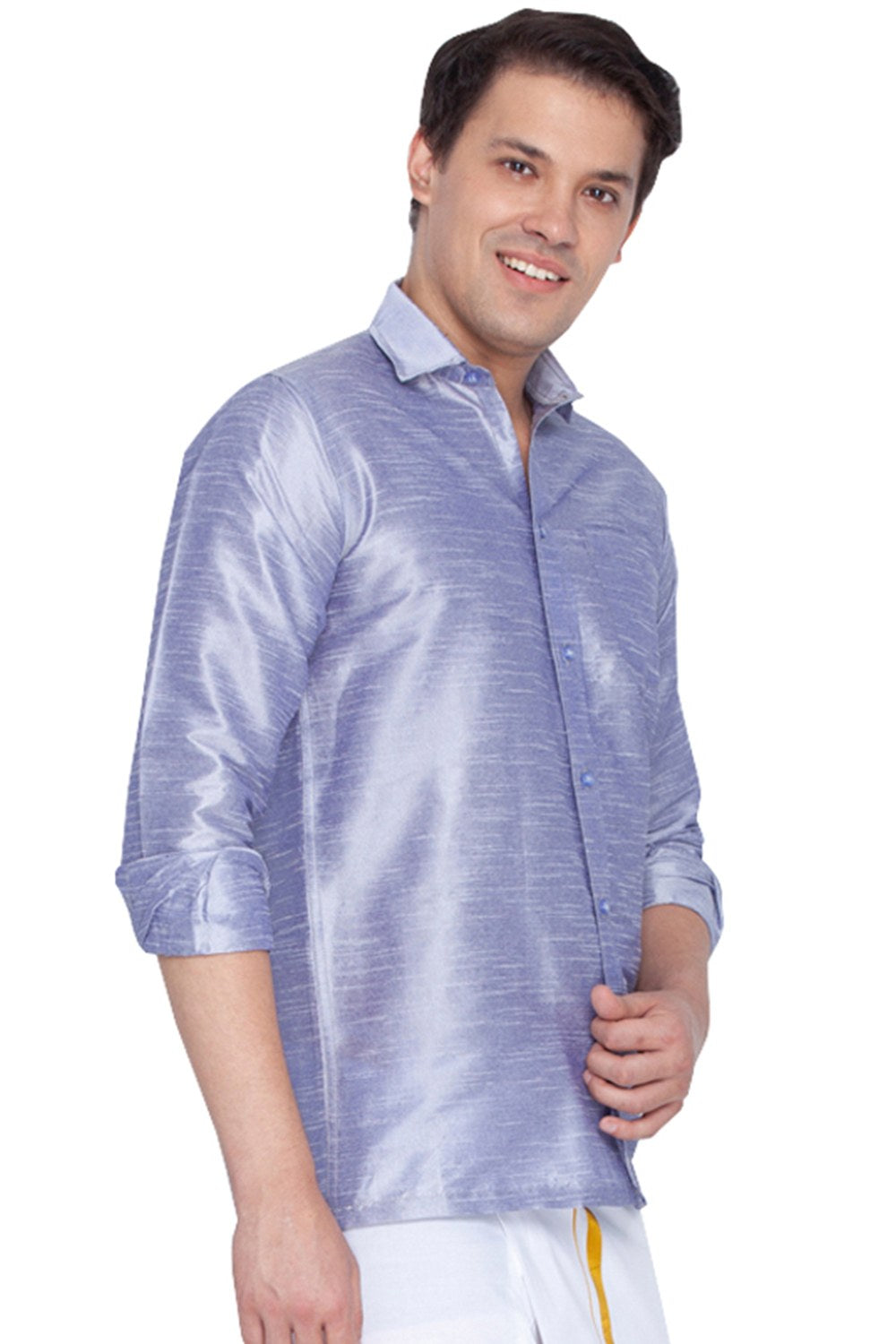 Men's Cotton Silk Blend Solid Shirt in Purple (VASMSH002HA_36)