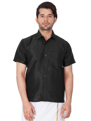 Men's Cotton Art Silk Solid Ethnic Shirt In Black