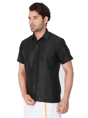 Men's Cotton Art Silk Solid Ethnic Shirt In Black