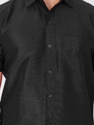 Men's Cotton Art Silk Solid Ethnic Shirt In Black