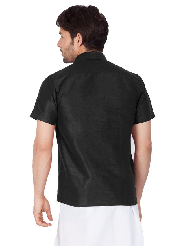 Men's Cotton Art Silk Solid Ethnic Shirt In Black