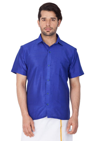 Men's Cotton Art Silk Solid Ethnic Shirt In Blue