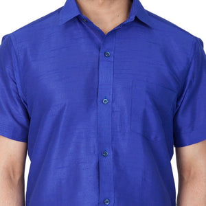 Men's Cotton Art Silk Solid Ethnic Shirt In Blue