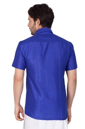 Men's Cotton Art Silk Solid Ethnic Shirt In Blue
