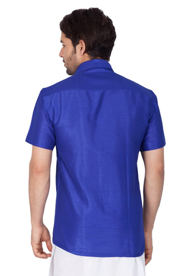 Men's Cotton Art Silk Solid Ethnic Shirt In Blue