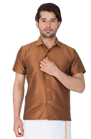 Men's Cotton Art Silk Solid Ethnic Shirt In Brown
