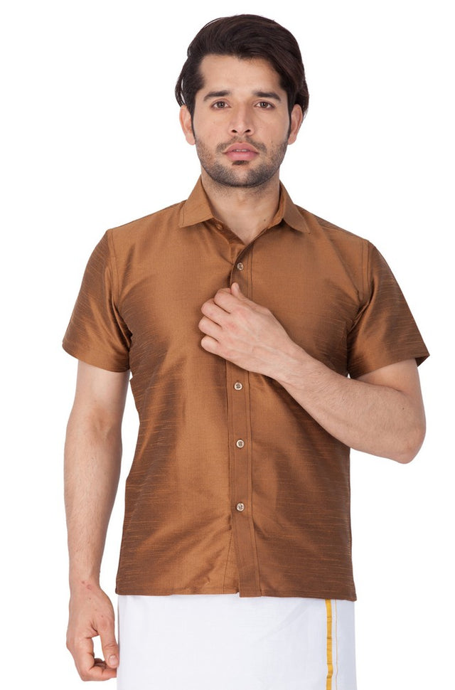 Men's Cotton Art Silk Solid Ethnic Shirt In Brown