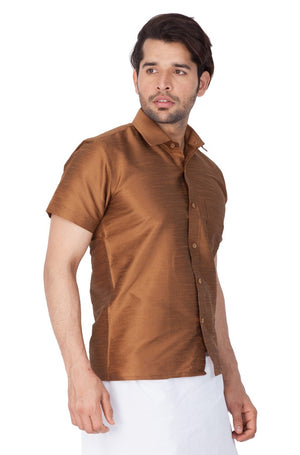 Men's Cotton Art Silk Solid Ethnic Shirt In Brown