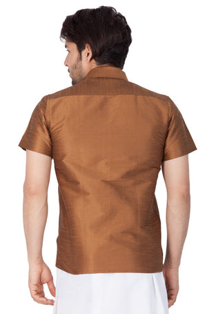 Men's Cotton Art Silk Solid Ethnic Shirt In Brown