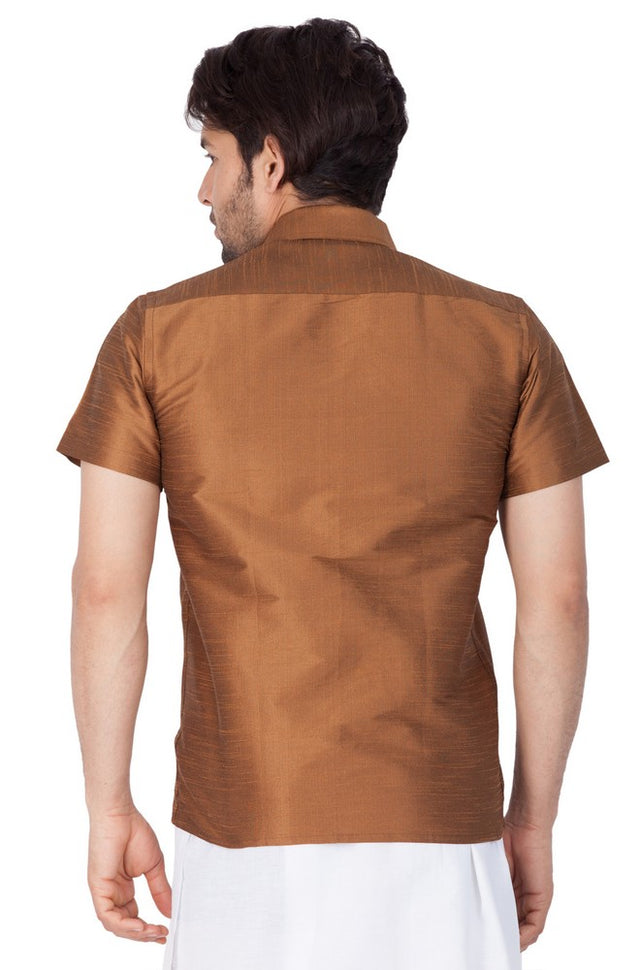 Men's Cotton Art Silk Solid Ethnic Shirt In Brown