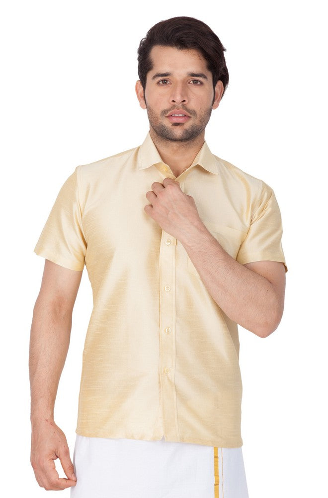 Buy Men's Cotton Art Silk Solid Ethnic Shirt in Gold- (VASMSHGO001