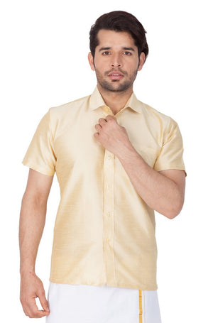 Men's Cotton Art Silk Solid Ethnic Shirt In Gold