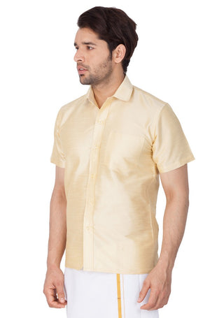 Men's Cotton Art Silk Solid Ethnic Shirt In Gold