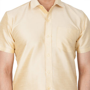 Men's Cotton Art Silk Solid Ethnic Shirt In Gold