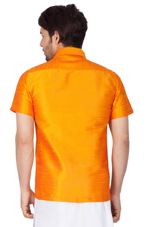 Men's Cotton Art Silk Solid Ethnic Shirt In Orange