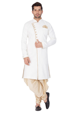 Men's Cotton Blend Solid Sherwani Style Kurta Set In White