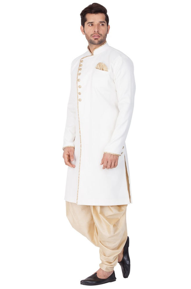 Men's Cotton Blend Solid Sherwani Style Kurta Set In White
