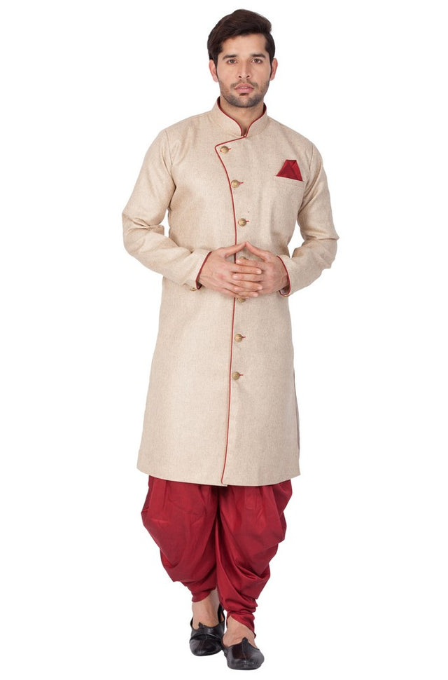 Men's Cotton Blend Solid Sherwani Style Kurta Set In Beige
