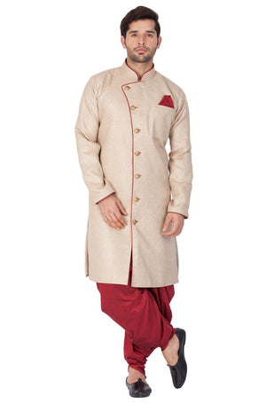Men's Cotton Blend Solid Sherwani Style Kurta Set In Beige