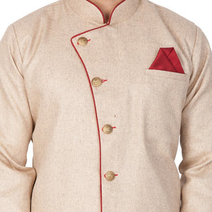 Men's Cotton Blend Solid Sherwani Style Kurta Set In Beige