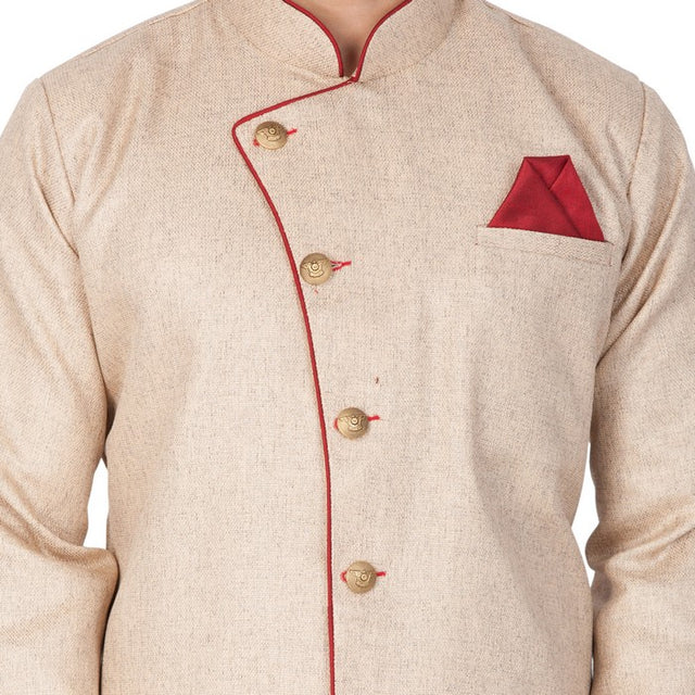Men's Cotton Blend Solid Sherwani Style Kurta Set In Beige