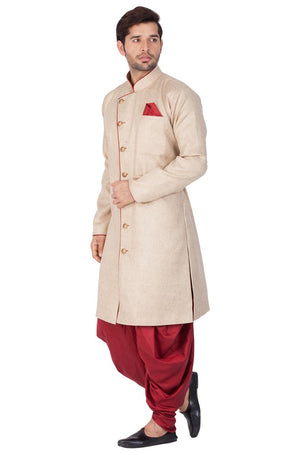 Men's Cotton Blend Solid Sherwani Style Kurta Set In Beige