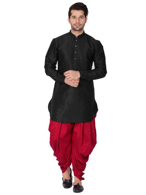 Men's Cotton Art Silk Solid Kurta And Cowl Dhoti Pant Set In Black