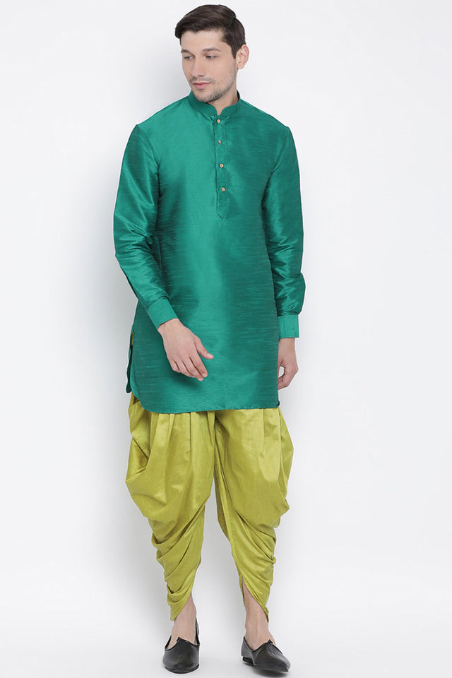 Men's Cotton Silk Dhoti Kurta Set In Green