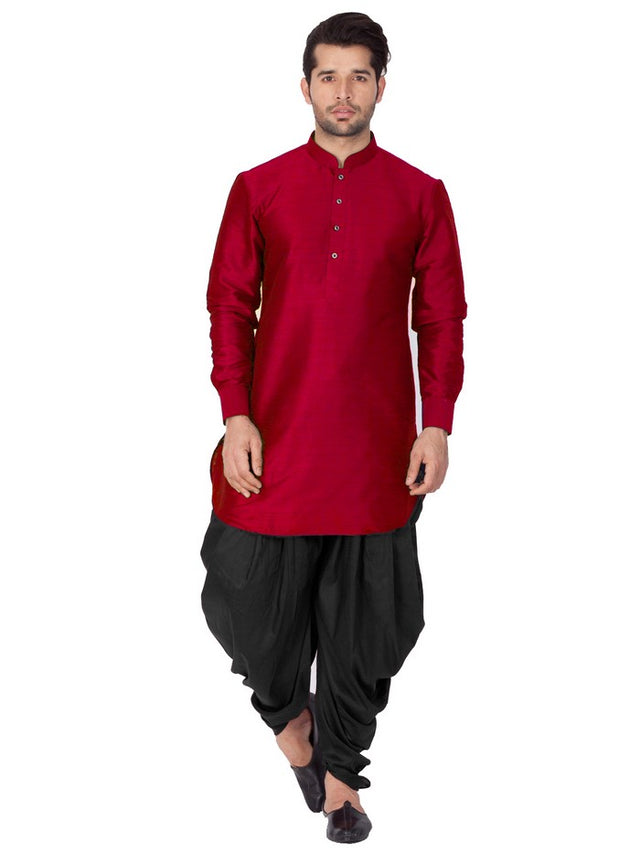 Men's Cotton Art Silk Solid Kurta And Cowl Dhoti Pant Set In Maroon