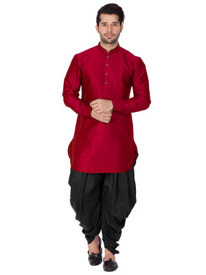 Men's Cotton Art Silk Solid Kurta And Cowl Dhoti Pant Set In Maroon