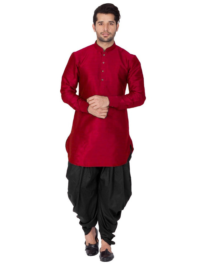 Men's Cotton Art Silk Solid Kurta And Cowl Dhoti Pant Set In Maroon