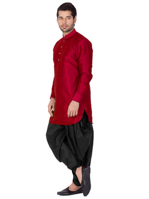 Men's Cotton Art Silk Solid Kurta And Cowl Dhoti Pant Set In Maroon