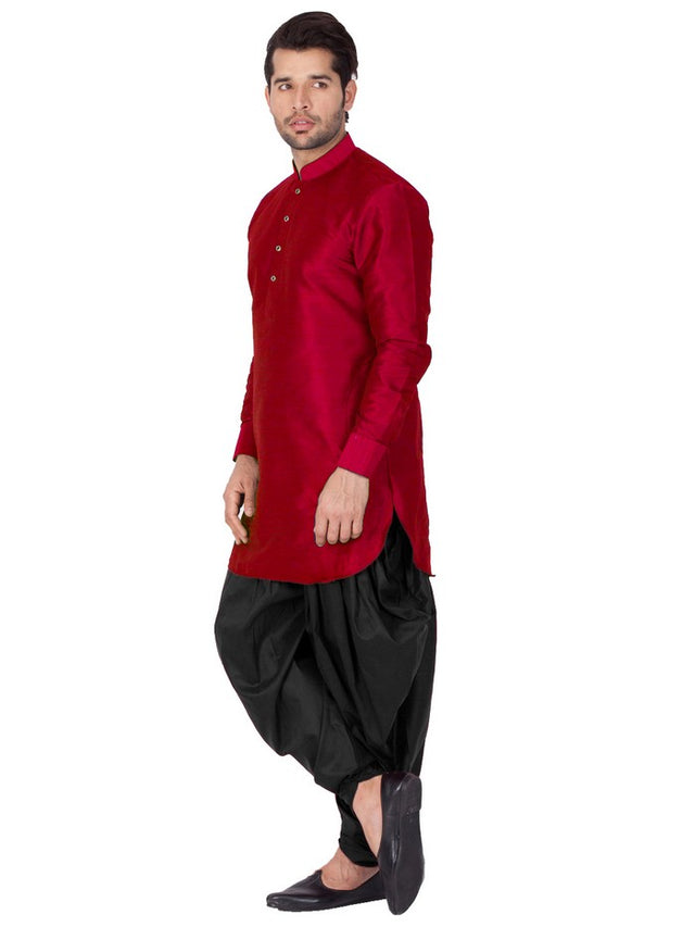 Men's Cotton Art Silk Solid Kurta And Cowl Dhoti Pant Set In Maroon