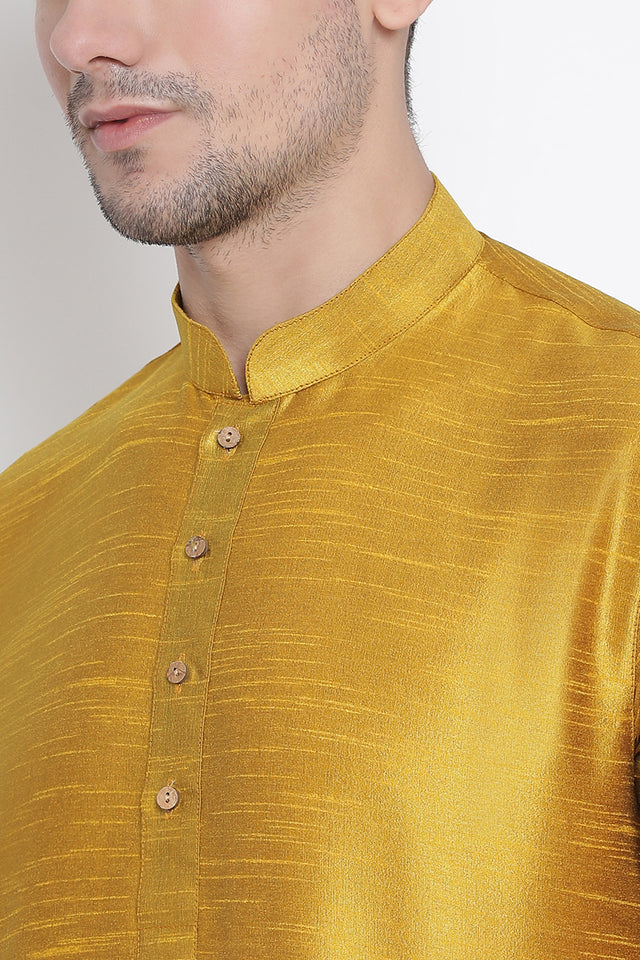 Men's Cotton Art Silk Kurta Set In Yellow