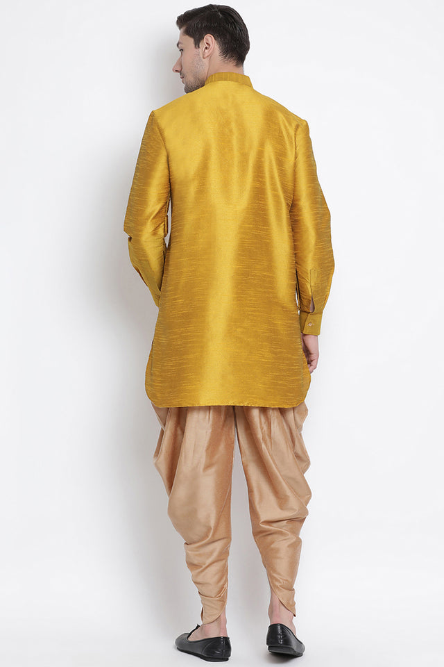 Men's Cotton Art Silk Kurta Set In Yellow