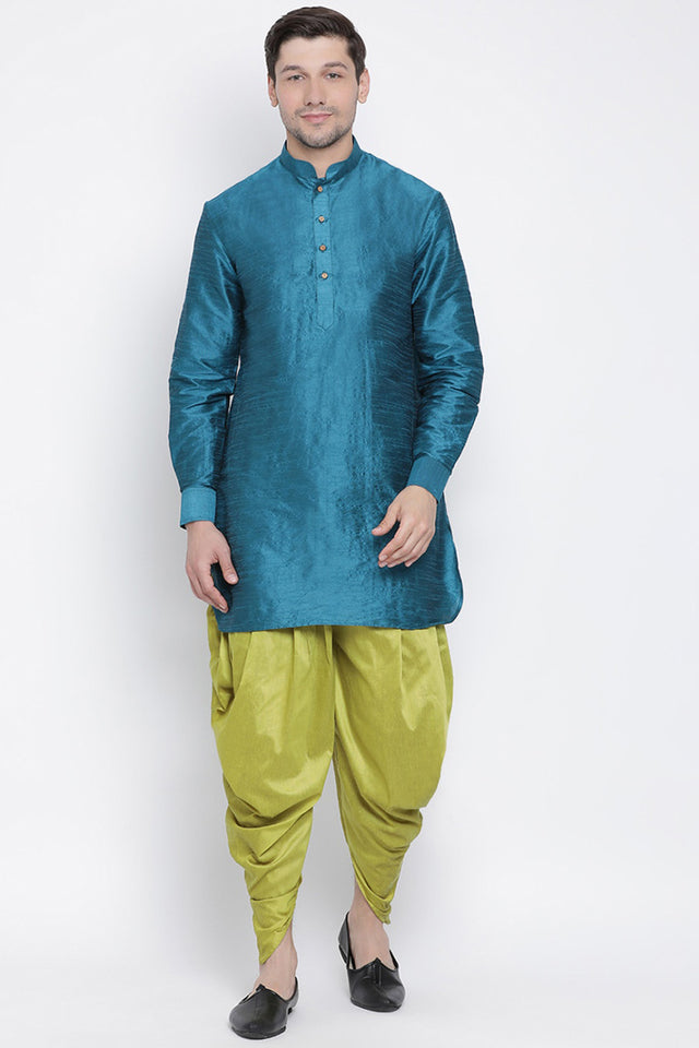 Men's Cotton Silk Dhoti Kurta Set In Turquoise