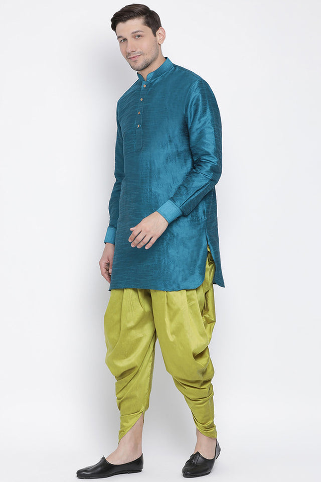 Men's Cotton Silk Dhoti Kurta Set In Turquoise