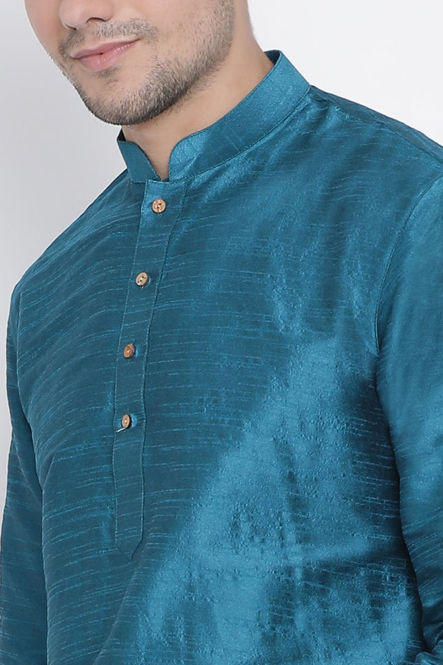 Men's Cotton Silk Dhoti Kurta Set In Turquoise