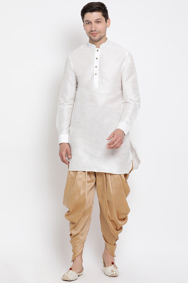 Men's Cotton Art Silk Kurta Set In White